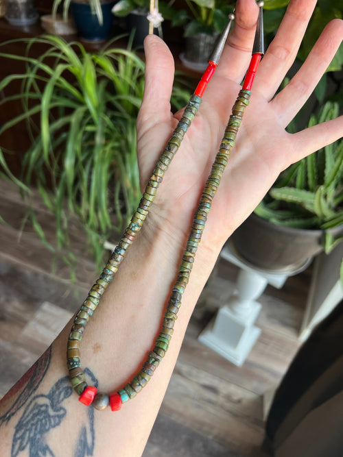 Navajo Hubei Turquoise Beaded Necklace with Sterling Silver and Bamboo Coral by Kirby Smith: 13 To Choose From!