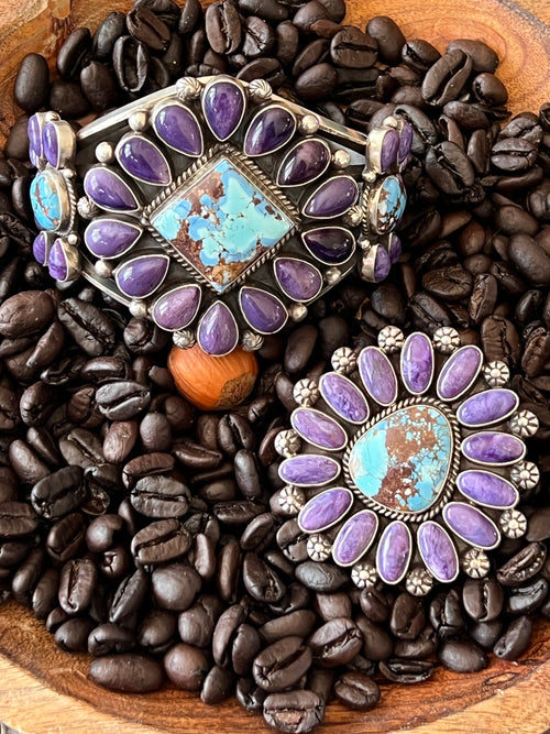 Handcrafted Sterling Silver, Charoite and Golden Hills Turquoise Cluster Cuff Bracelet by Tyler Brown /