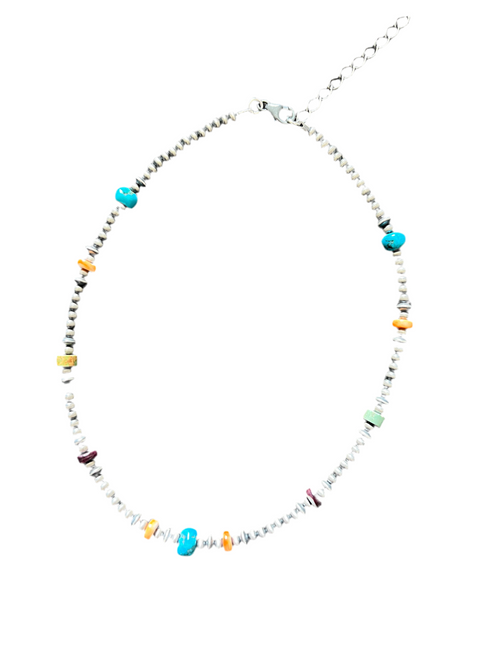Summer Lovin’ Beaded Layering Necklace with Sterling Silver, Spiny Oyster Shell and Turquoise, 14 + 2”, The Color Drop