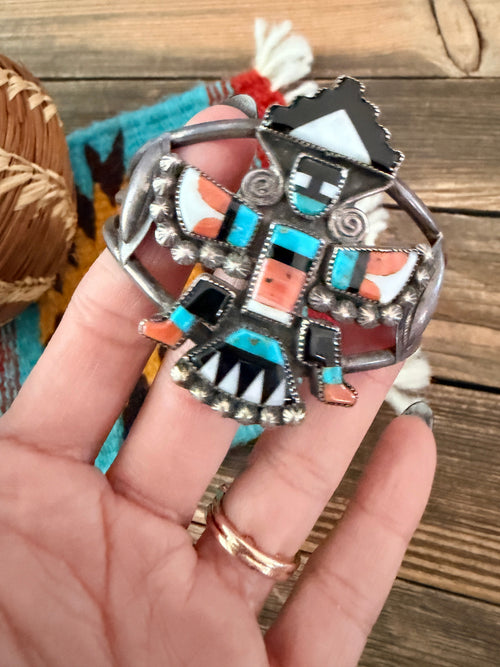 Handcrafted Old Pawn Sterling Silver & Multi Stone Inlay Knifewing Cuff Bracelet