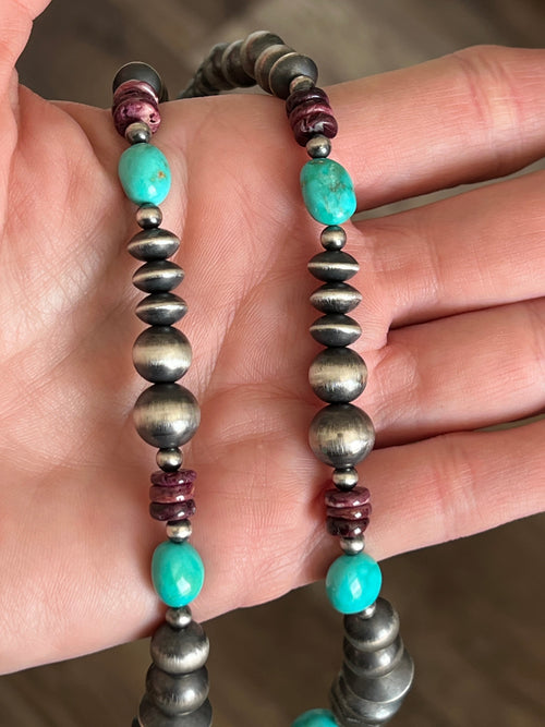 Navajo Made Electric Rainbow Sterling Silver, Turquoise and Spiny Oyster Single Strand Beaded Necklace by Rose Martin, 20 + 2 Inches