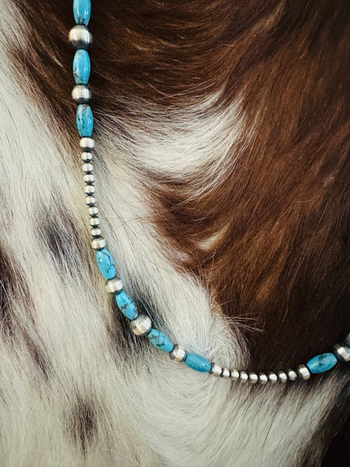 Handcrafted Turquoise & Sterling Silver Pearl 16” Beaded Necklace