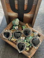 Apache Sterling Silver and Black Onyx Heart Pendants by Rosella Paxson