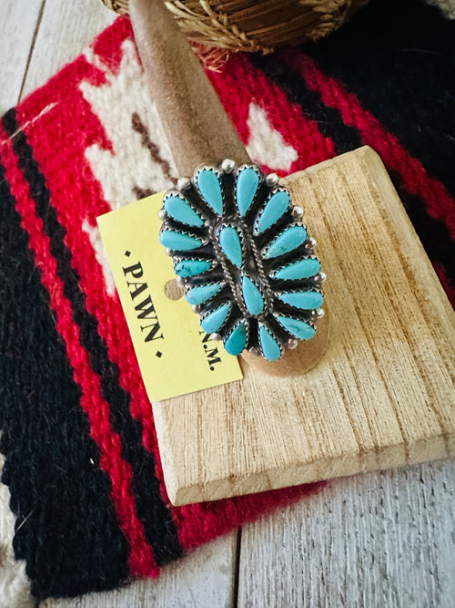 Old Pawn Navajo Sterling Silver & Turquoise Cluster Ring Size 7.5