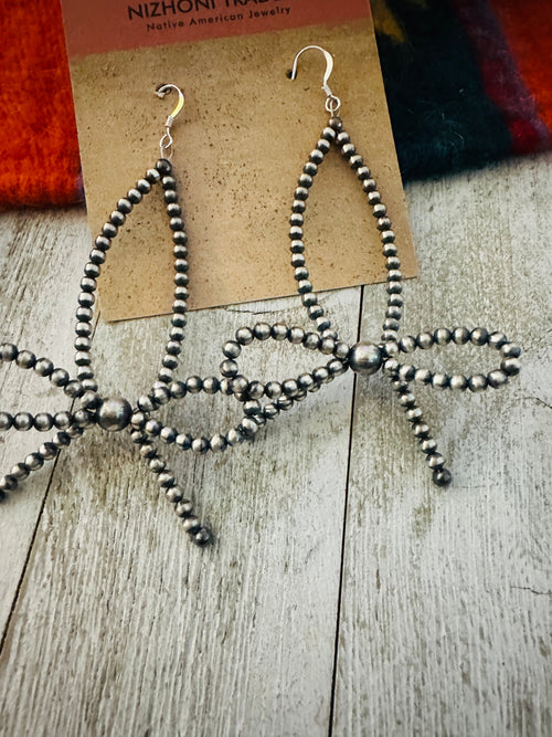 Handcrafted Sterling Silver Pearl Beaded Bow Dangle Hoop Earrings