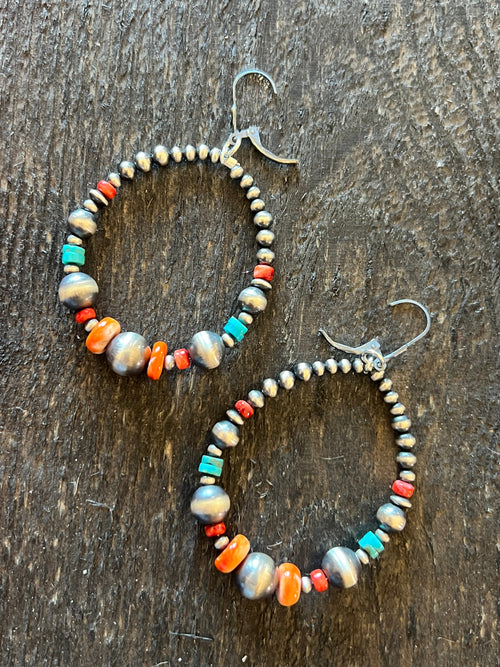 Navajo Made Electric Rainbow Sterling Silver, Turquoise & Spiny Oyster Beaded Drop Hoop Earrings, Leverback
