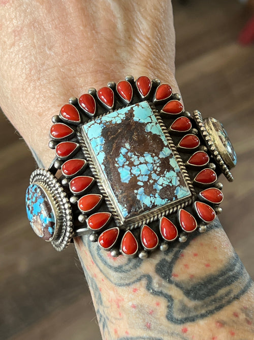 Navajo Sterling Silver, Mediterranean Coral & Golden Hills Turquoise Cuff Bracelet by Tyler Brown