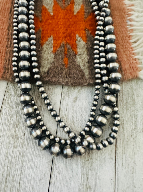 Navajo Sterling Silver Pearl Triple Strand 20” Beaded Necklace
