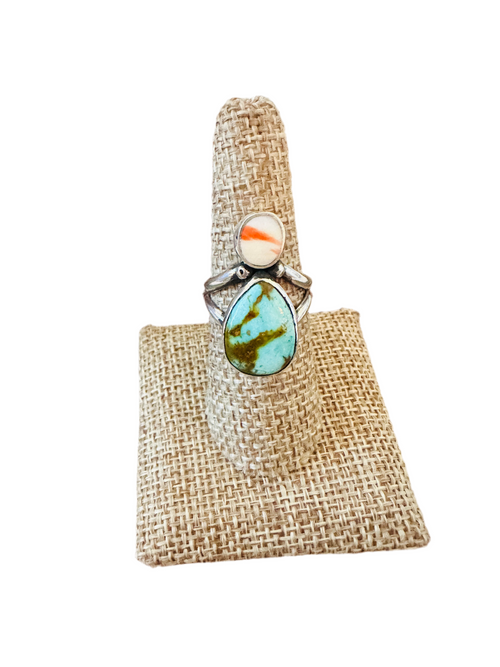 Old Pawn Navajo Sterling Silver, Turquoise & Spiny Ring Size 8