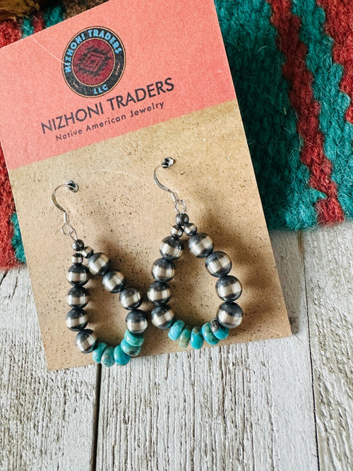 Handcrafted Turquoise & Sterling Silver Pearl Dangle Hoop Earrings