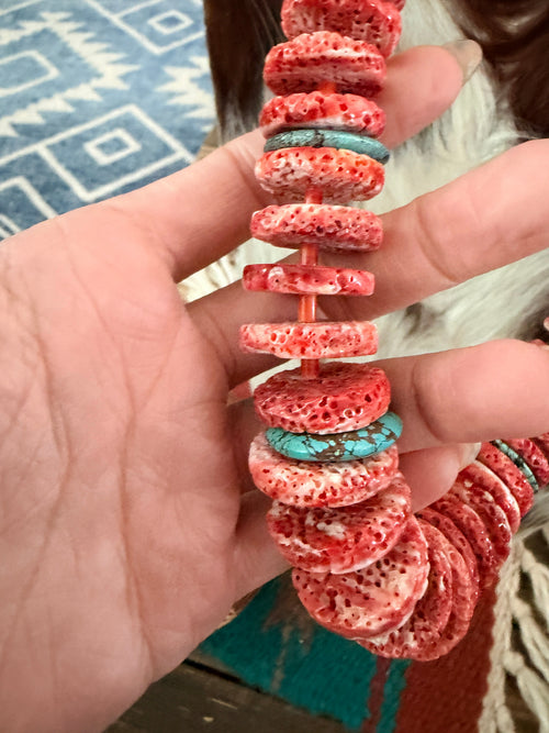 Old Pawn Handcrafted Spiny Oyster & Turquoise Beaded 20” Necklace