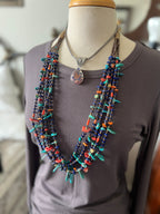 Gorgeous Santo Domingo Made Five Strand Lapis, Spiny Oyster and Turquoise Beaded Squaw Wrap Necklace with Tabs by Daniel Coriz