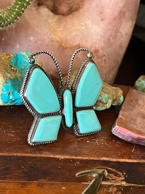 Old Pawn Navajo Sterling Silver and Turquoise Butterfly Ring by Anthony Skeets, Size 9