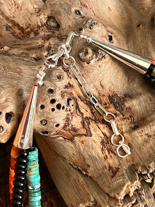 Daniel Coriz Triple Strand Spiny Oyster, Onyx and Turquoise Beaded Necklace w/ Removable Sterling Silver & Stone Inlay Bead