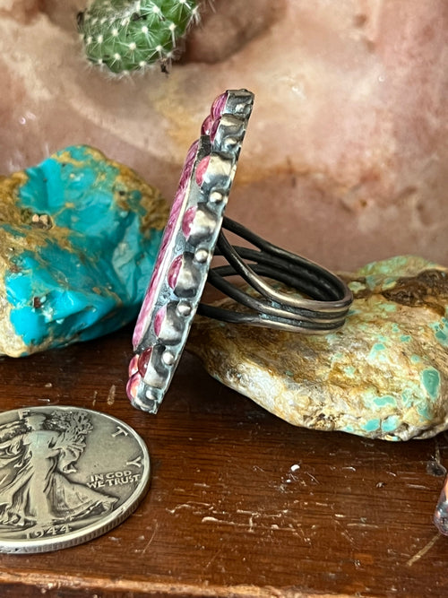 Old Pawn Navajo Sterling Silver and Purple Spiny Oyster Cluster Ring by Anthony Skeets, Size 10