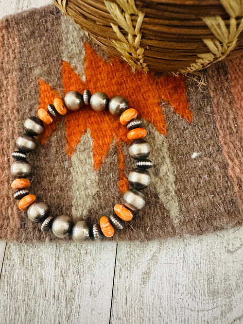 Navajo Orange Spiny & Sterling Silver Beaded Stretch Bracelet