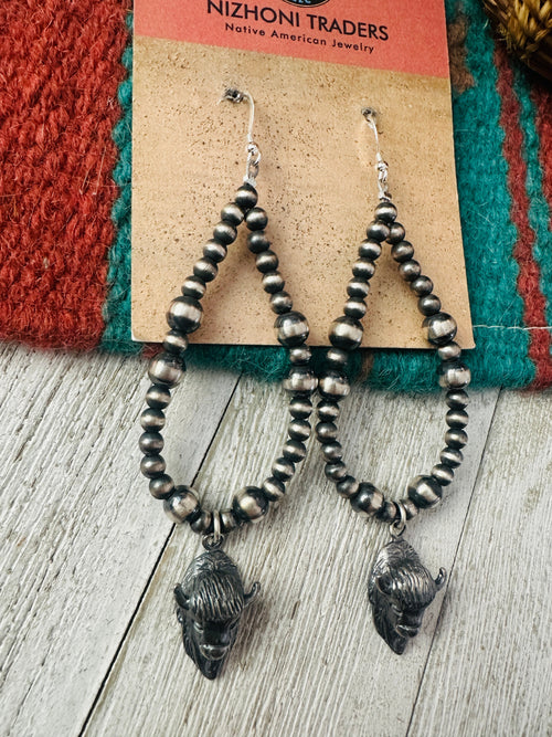 Handcrafted Sterling Silver Pearl Beaded Bison Head Hoop Earrings