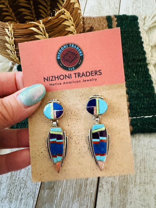 Old Pawn Navajo Sterling Silver & Multi Stone Inlay Dangle Earrings