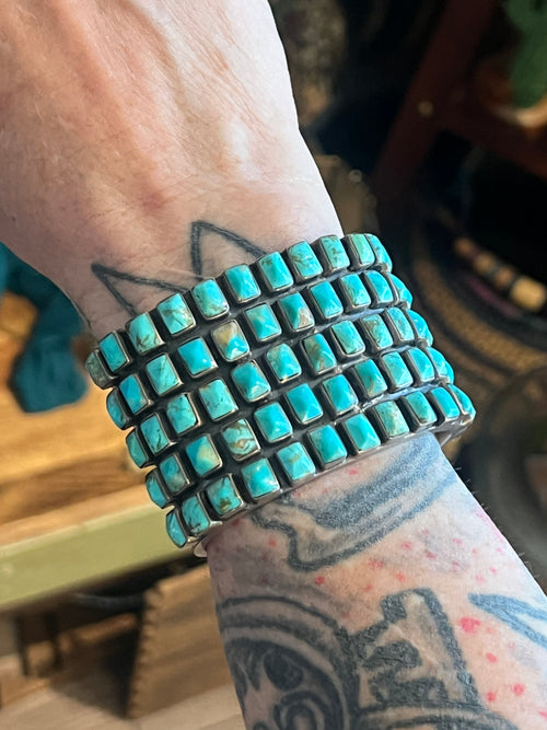 Hefty Old Pawn Sterling Silver and Turquoise 5 Row Cuff Bracelet by Federico Jimenez