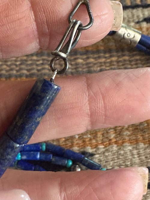 Old Pawn Sterling Silver Lapis and Turquoise Beaded 28 inch Necklace