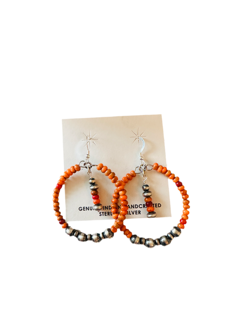 Navajo Orange Spiny & Sterling Silver Pearl Beaded Hoop Earrings