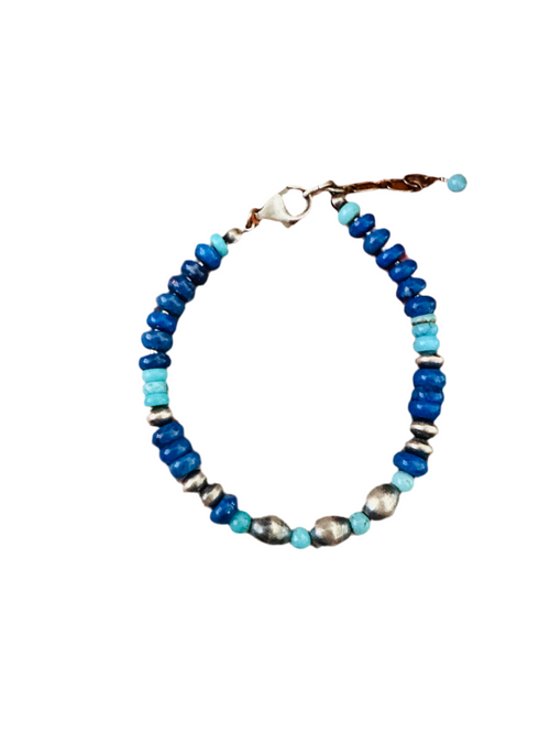Navajo Sterling Silver Pearl, Lapis & Turquoise Beaded Bracelet