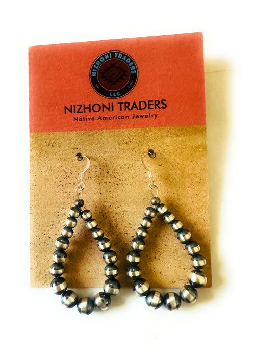 Navajo Sterling Silver Pearl Beaded Dangle Hoop Earrings