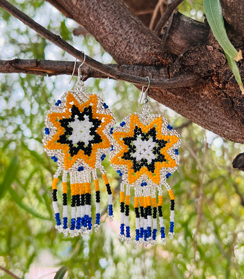 Handmade MultiColor Beaded Dangle Earrings (Yellow, Black, & White)