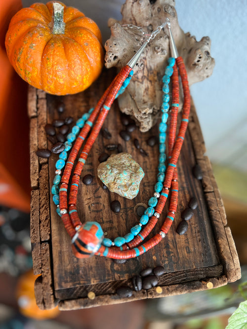 Daniel Coriz Triple Strand Apple Coral and Turquoise Beaded Necklace w/ Sterling Silver Removable Inlay Bead