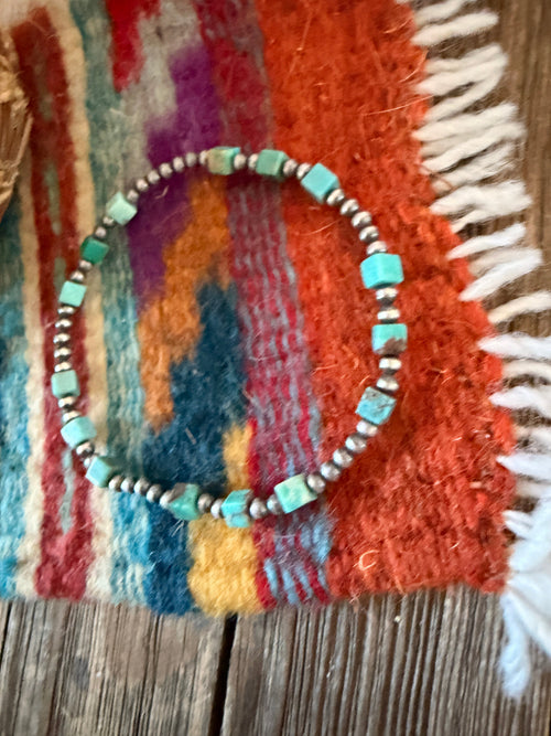 Handcrafted Turquoise & Sterling Silver Beaded Stretch Bracelet