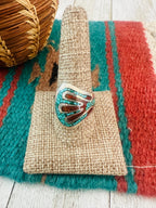 Old Pawn Navajo Sterling Silver, Turquoise & Coral Chip Inlay Ring Size 10