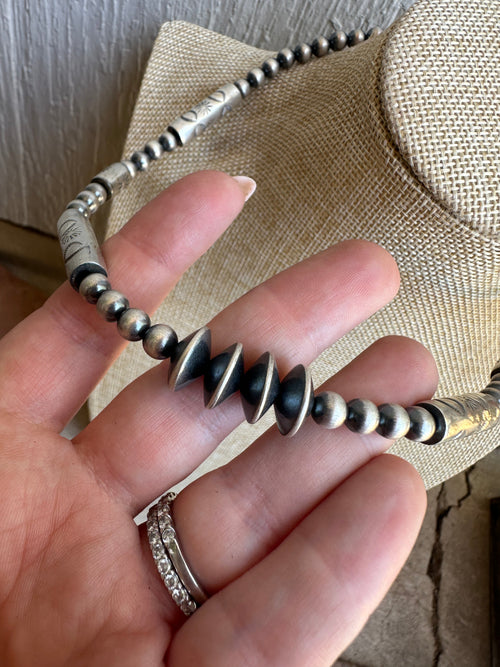 Handmade Hand Stamped Beaded Sterling Silver Necklace 16” With 2” Extender