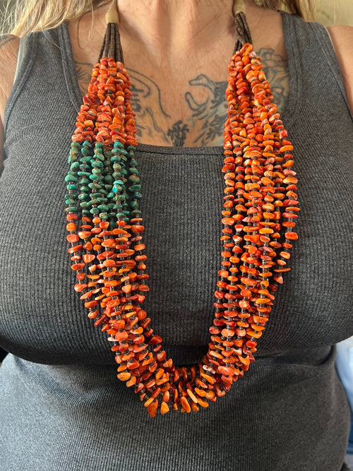 Gorgeous Santo Domingo Made Eight Strand Spiny Oyster and Turquoise Beaded Squaw Wrap Necklace by Daniel Coriz