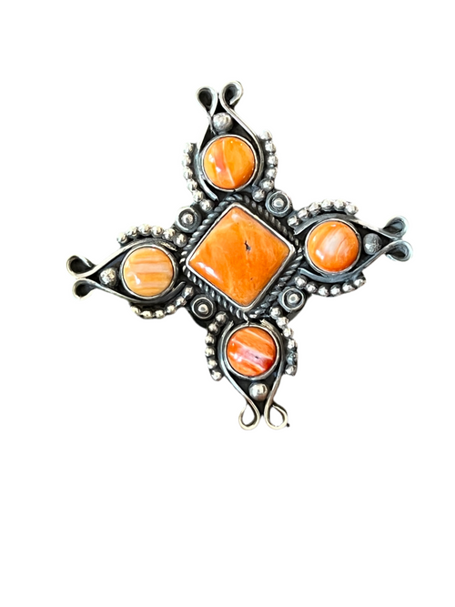 Apache Sterling Silver and Orange Spiny Oyster Shell 4 Direction Ring by Rosella Paxson, Size 10