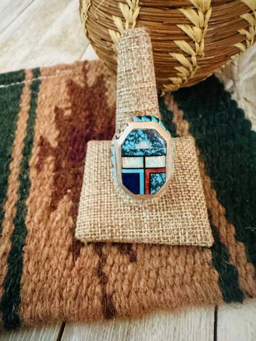 Handcrafted Old Pawn Multi Stone and Sterling Silver Inlay Ring Size 11