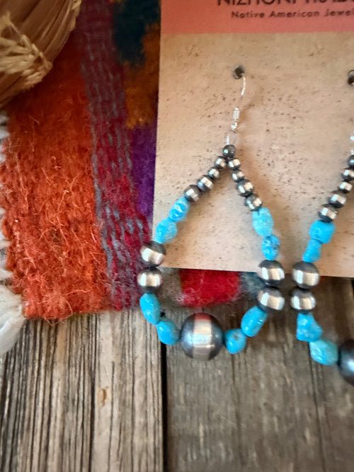 Handcrafted Turquoise & Sterling Silver Pearl Beaded Dangle Hoop Earrings