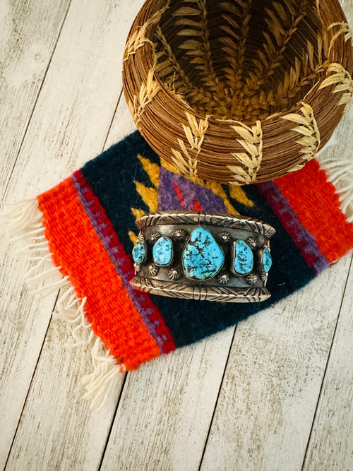 Old Pawn Navajo Sterling Silver & Kingman Turquoise Cuff Bracelet /