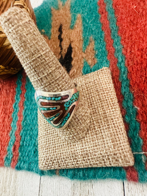 Old Pawn Navajo Sterling Silver, Turquoise & Coral Chip Inlay Ring Size 10