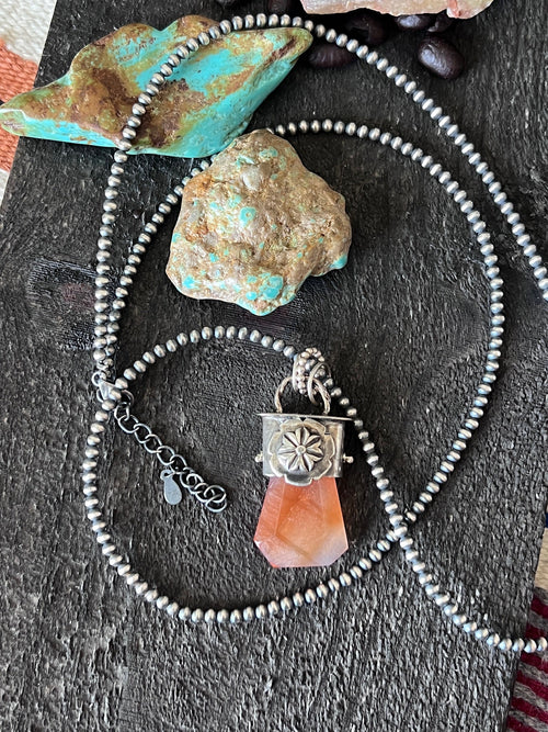 Sterling Silver Gem Collector 30” + 2” Beaded Necklace w/ Red Botswana Agate & Rosette Pendant