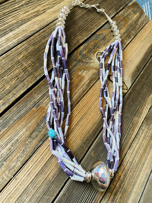 Navajo Sterling Silver, Wampum (Quahog Shell) & Turquoise Beaded Necklace