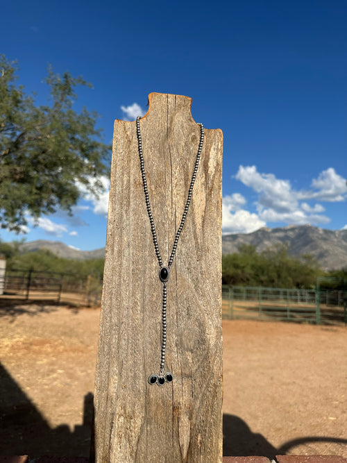 Handcrafted Onyx & Sterling Silver Pearl Beaded Lariat Necklace