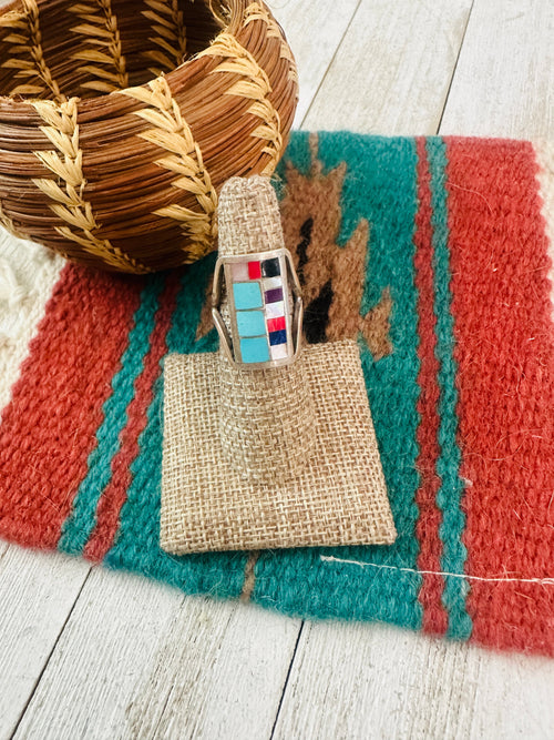 Old Pawn Navajo Sterling Silver & Multi Stone Inlay Ring Size 6