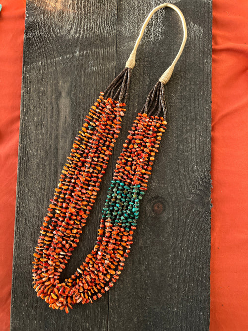 Gorgeous Santo Domingo Made Eight Strand Spiny Oyster and Turquoise Beaded Squaw Wrap Necklace by Daniel Coriz