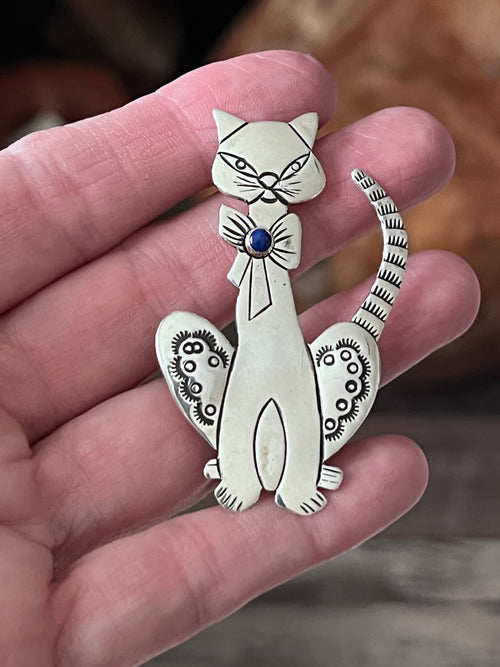 Hand Stamped Sterling Silver and Lapis Cat Brooch by Raymond Coriz