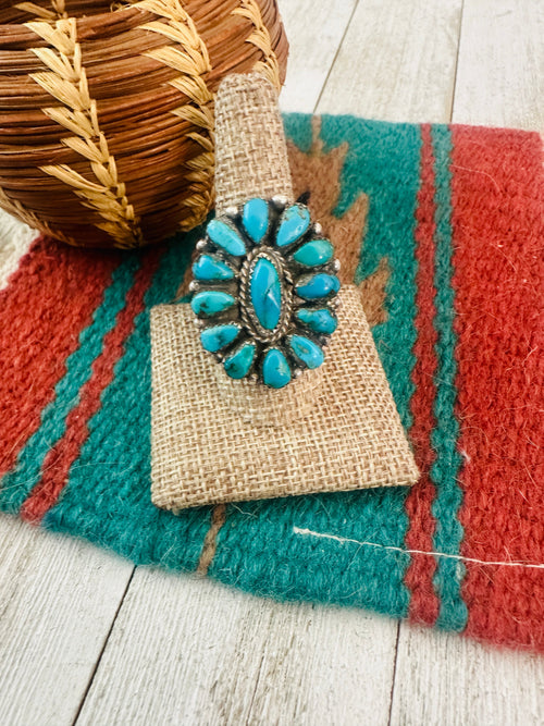 Old Pawn Navajo Sterling Silver & Kingman Turquoise Cluster Ring Size 9.5