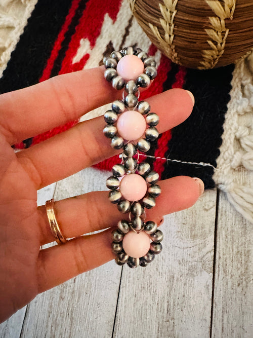 Navajo Queen Pink Conch Shell & Sterling Silver Beaded Flower Bracelet