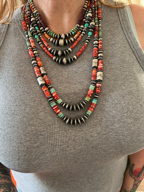 Navajo Electric Rainbow Sterling Silver, Turquoise and Spiny Oyster Single Strand Beaded Necklace by Rose Martin, 26 + 2 Inches