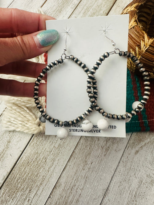 Navajo White Buffalo & Sterling Silver Pearl Beaded Hoop Earrings
