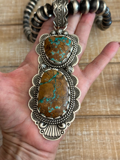 Charles Johnson Navajo Ribbon Turquoise & Sterling Silver Necklace, Bracelet and Ring Set Signed