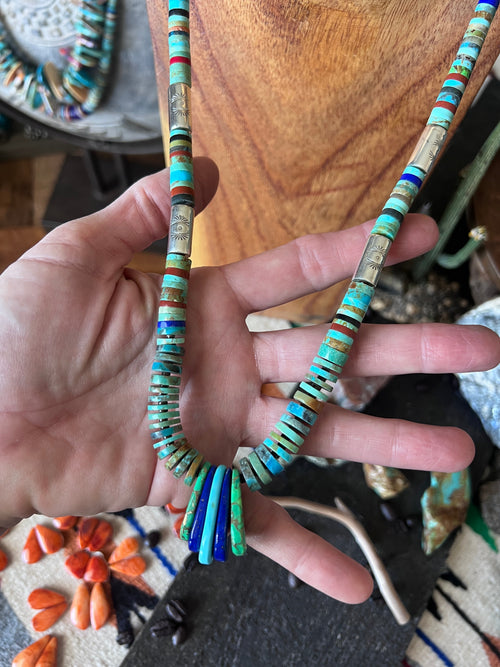 Ronald Chavez Handcrafted Sterling Silver & Multistone Heishi Beaded Santo Domingo Necklace with Tabs